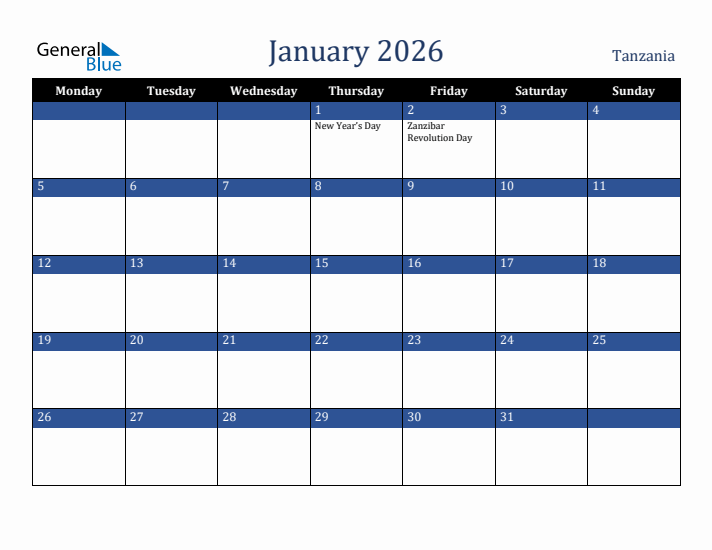 January 2026 Tanzania Calendar (Monday Start)