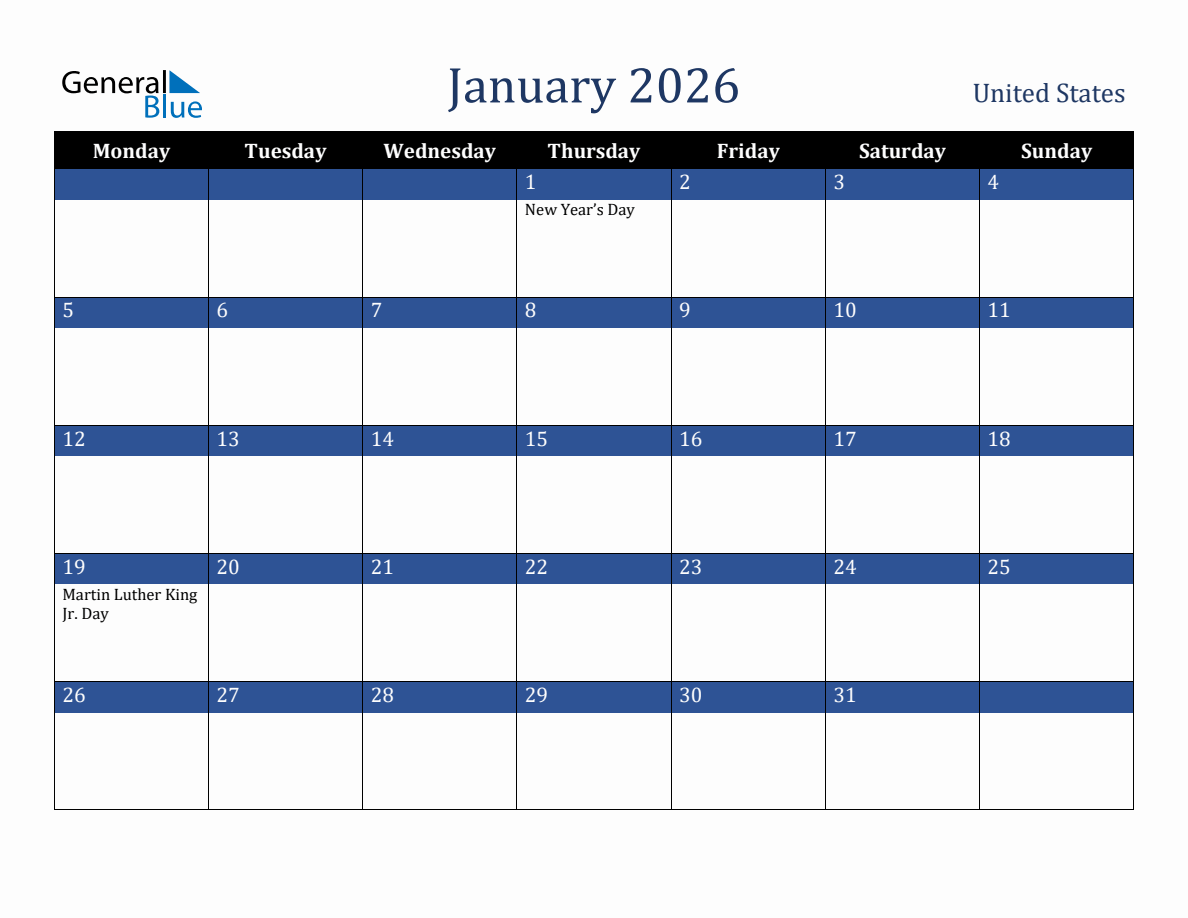 January 2026 United States Holiday Calendar