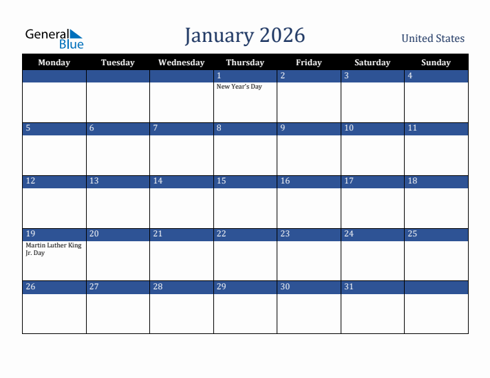 January 2026 United States Calendar (Monday Start)