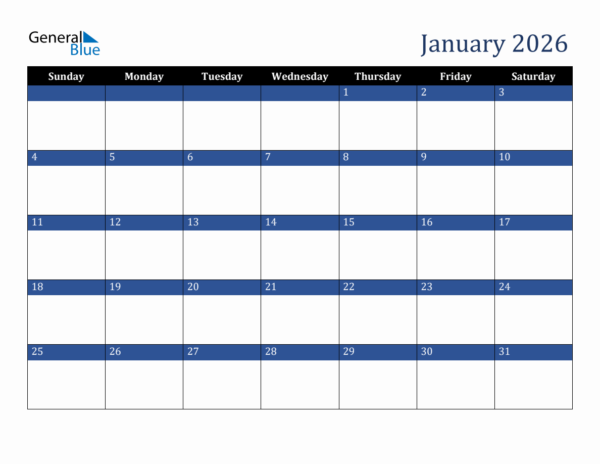 January 2026 Downloadable Sunday Start Calendar