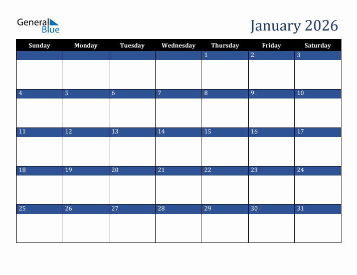 Sunday Start Calendar for January 2026