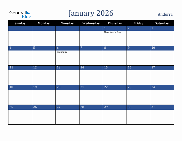 January 2026 Andorra Calendar (Sunday Start)