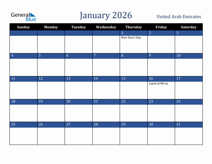 January 2026 United Arab Emirates Calendar (Sunday Start)