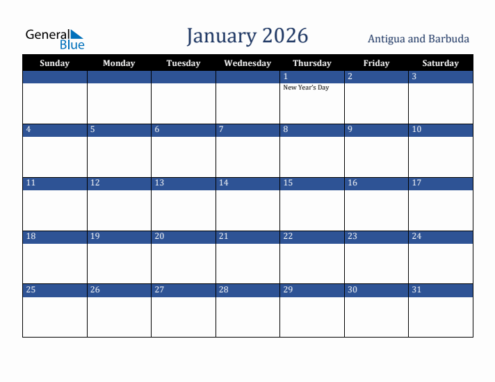 January 2026 Antigua and Barbuda Calendar (Sunday Start)