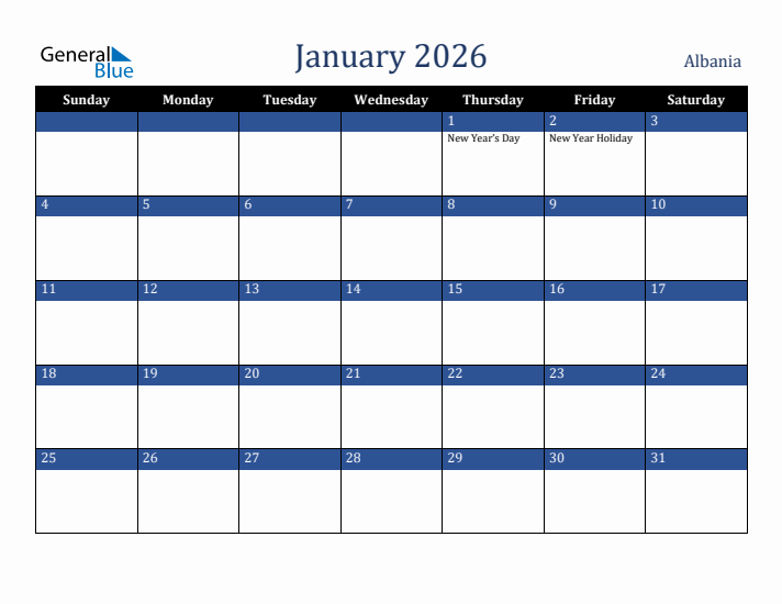 January 2026 Albania Calendar (Sunday Start)