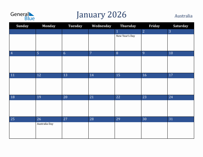 January 2026 Australia Calendar (Sunday Start)