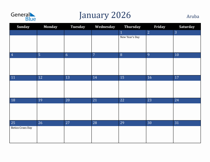 January 2026 Aruba Calendar (Sunday Start)