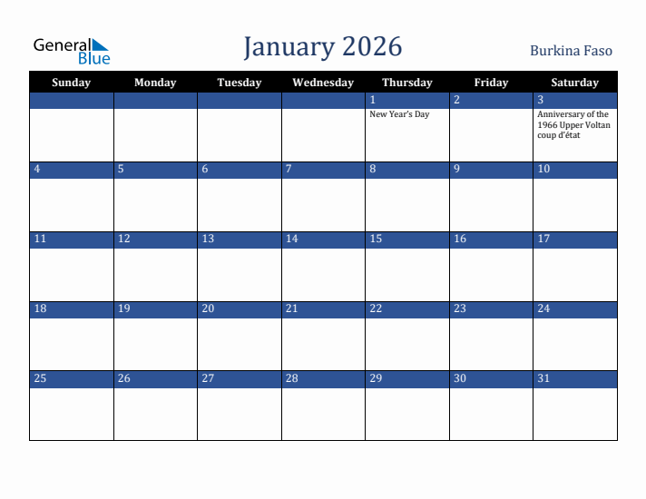 January 2026 Burkina Faso Calendar (Sunday Start)