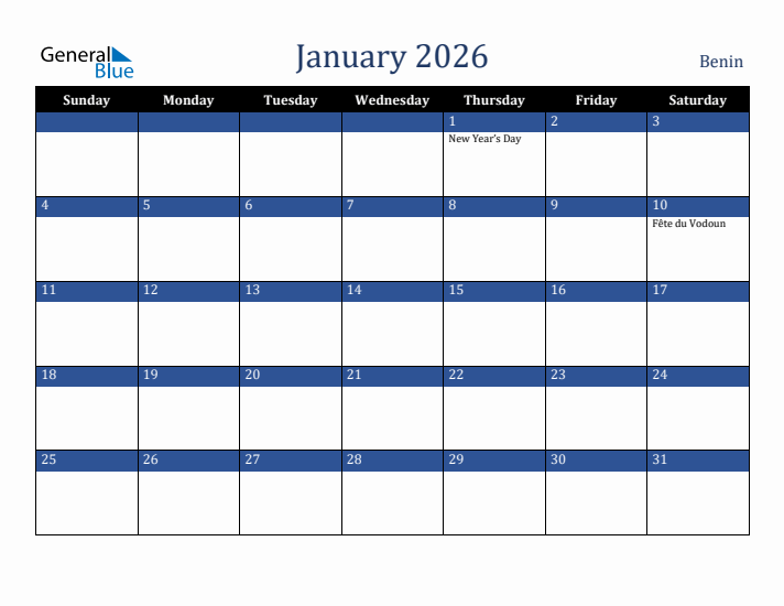 January 2026 Benin Calendar (Sunday Start)