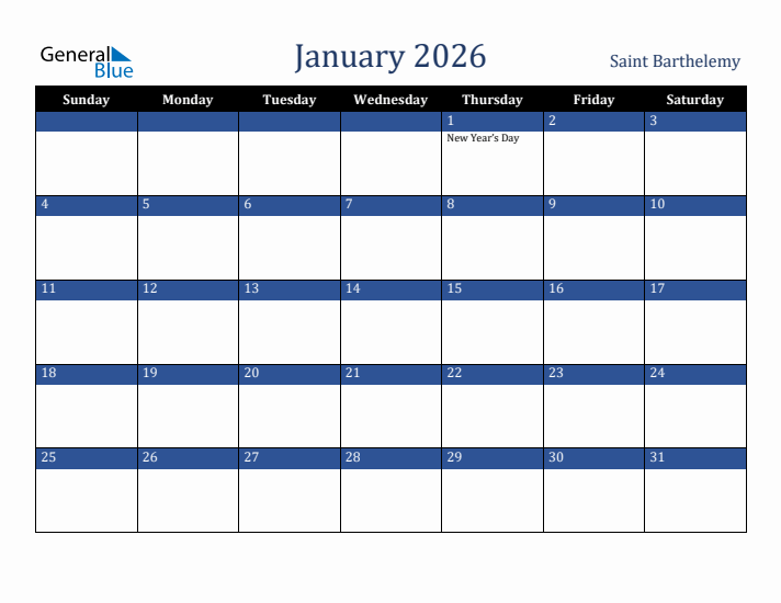 January 2026 Saint Barthelemy Calendar (Sunday Start)