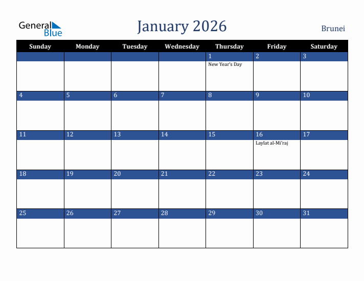 January 2026 Brunei Calendar (Sunday Start)