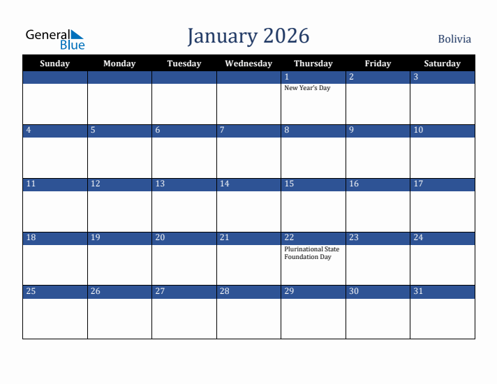 January 2026 Bolivia Calendar (Sunday Start)