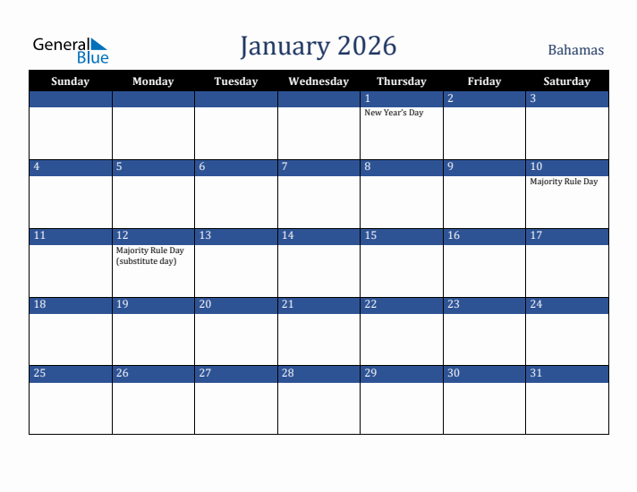 January 2026 Bahamas Calendar (Sunday Start)