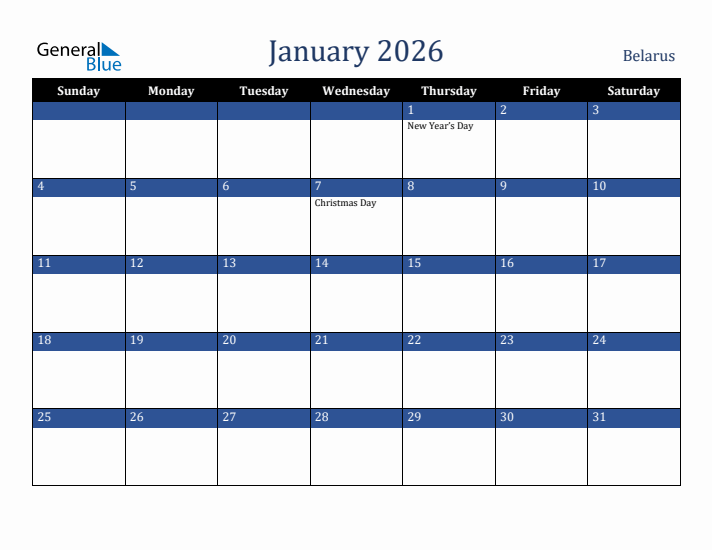 January 2026 Belarus Calendar (Sunday Start)