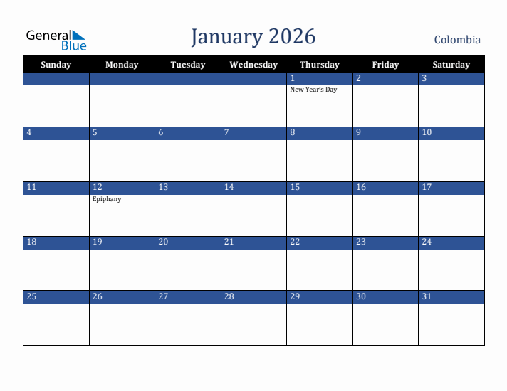 January 2026 Colombia Calendar (Sunday Start)
