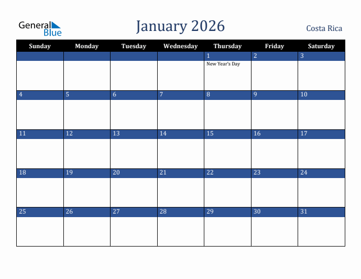 January 2026 Costa Rica Calendar (Sunday Start)