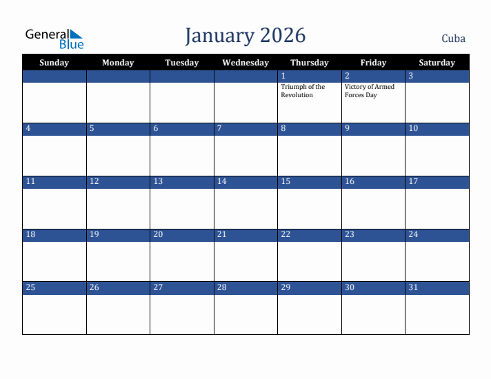 January 2026 Cuba Calendar (Sunday Start)