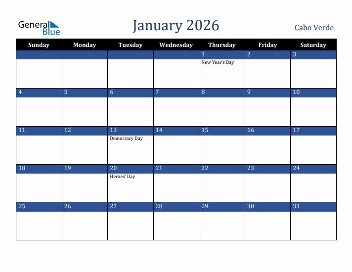 January 2026 Cabo Verde Calendar (Sunday Start)