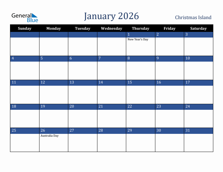 January 2026 Christmas Island Calendar (Sunday Start)