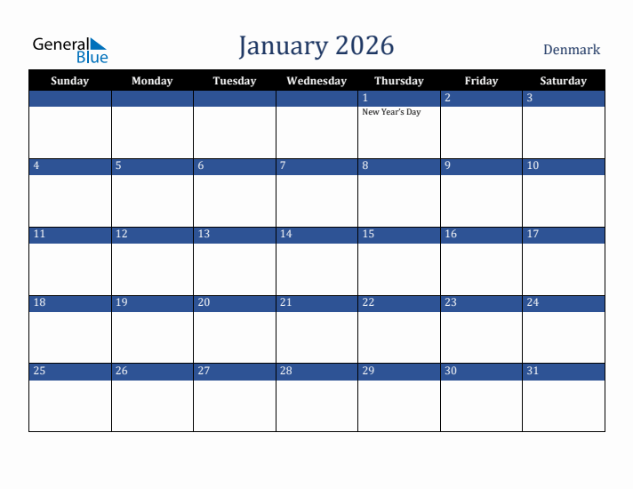 January 2026 Denmark Calendar (Sunday Start)