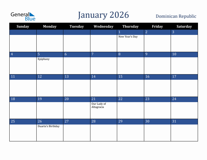 January 2026 Dominican Republic Calendar (Sunday Start)