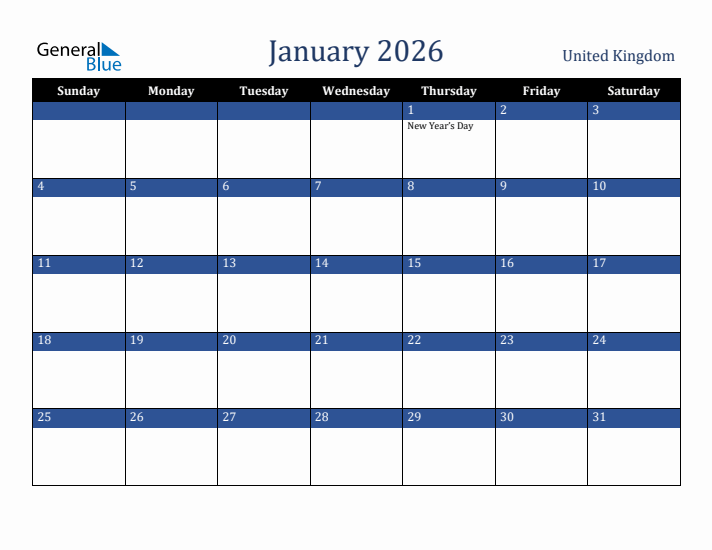 January 2026 United Kingdom Calendar (Sunday Start)