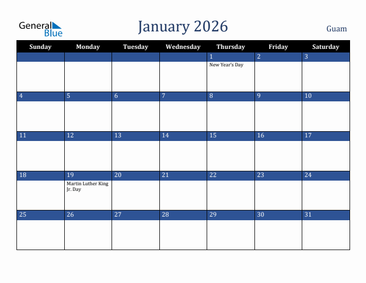 January 2026 Guam Calendar (Sunday Start)