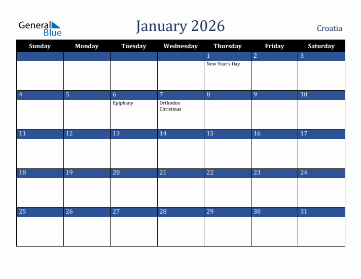 January 2026 Croatia Calendar (Sunday Start)