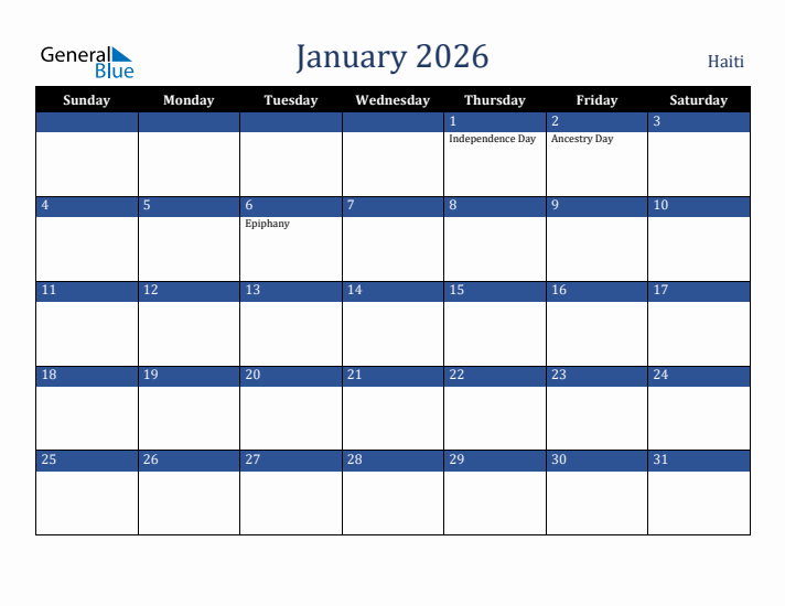 January 2026 Haiti Calendar (Sunday Start)
