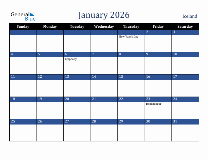 January 2026 Iceland Calendar (Sunday Start)