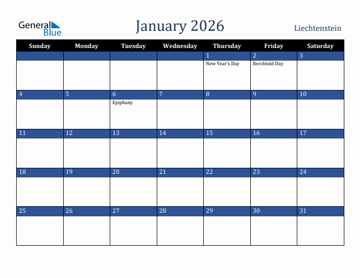 January 2026 Liechtenstein Calendar (Sunday Start)