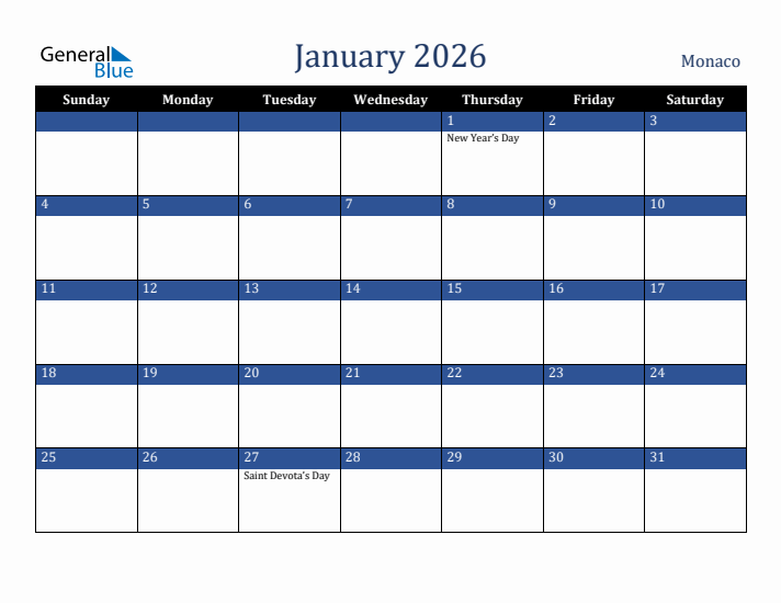 January 2026 Monaco Calendar (Sunday Start)