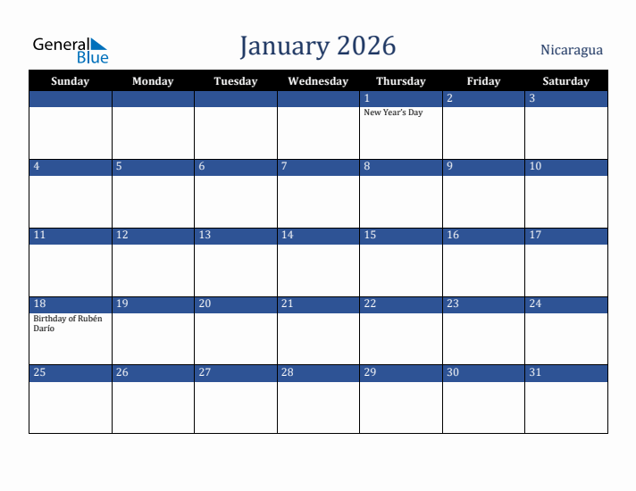 January 2026 Nicaragua Calendar (Sunday Start)