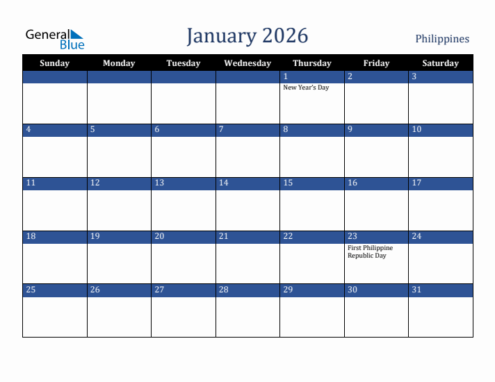 January 2026 Philippines Calendar (Sunday Start)