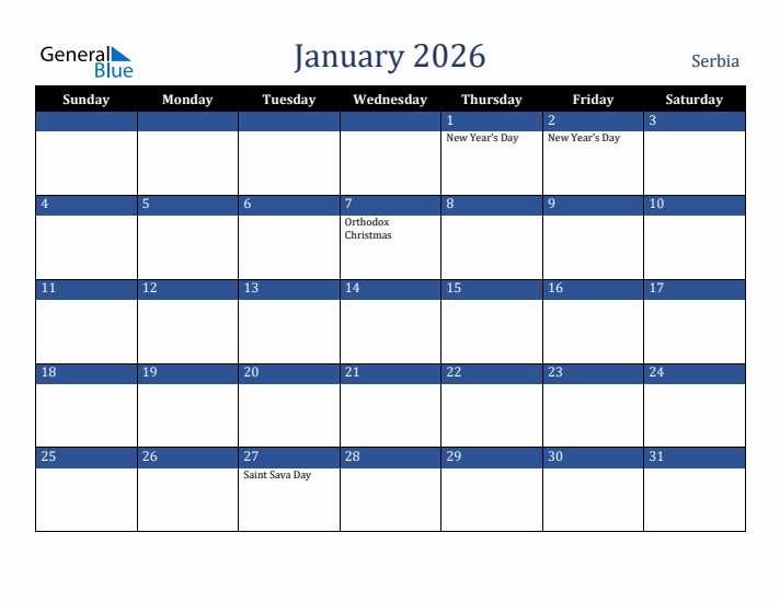 January 2026 Serbia Calendar (Sunday Start)