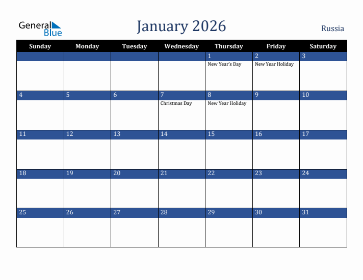 January 2026 Russia Calendar (Sunday Start)