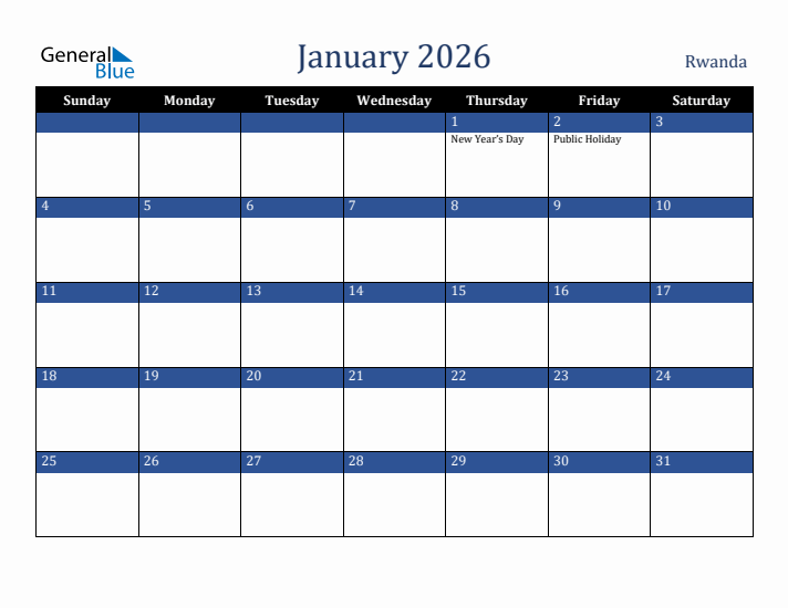 January 2026 Rwanda Calendar (Sunday Start)