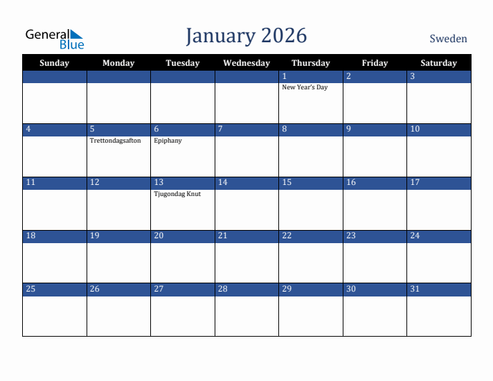 January 2026 Sweden Calendar (Sunday Start)