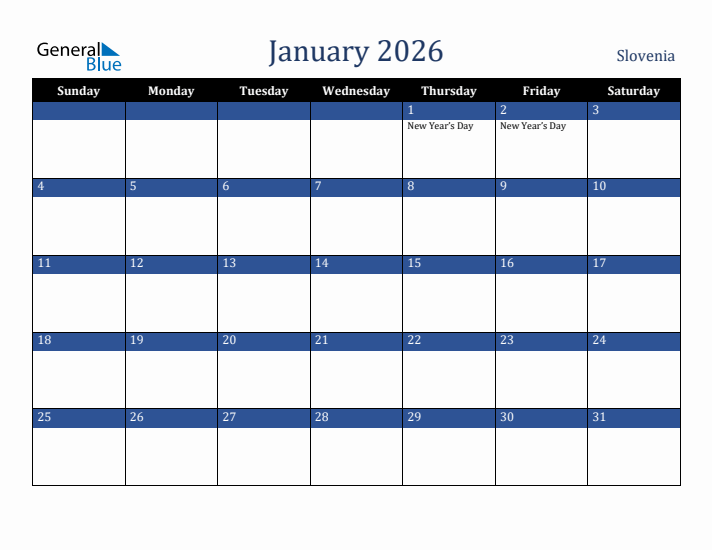January 2026 Slovenia Calendar (Sunday Start)