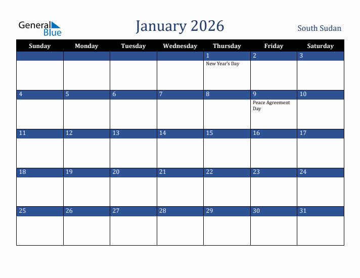 January 2026 South Sudan Calendar (Sunday Start)