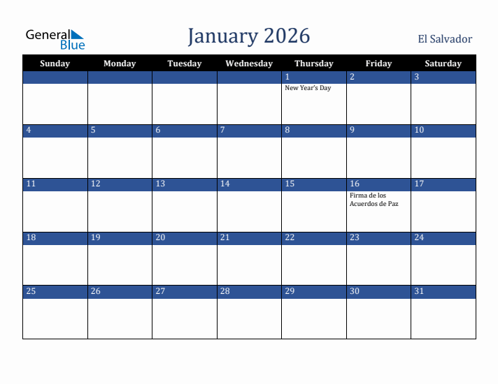 January 2026 El Salvador Calendar (Sunday Start)