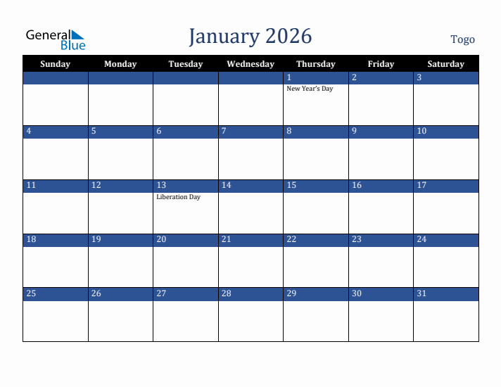 January 2026 Togo Calendar (Sunday Start)