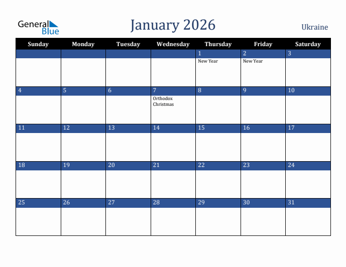 January 2026 Ukraine Calendar (Sunday Start)