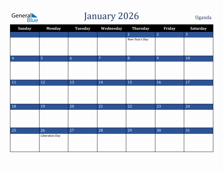 January 2026 Uganda Calendar (Sunday Start)