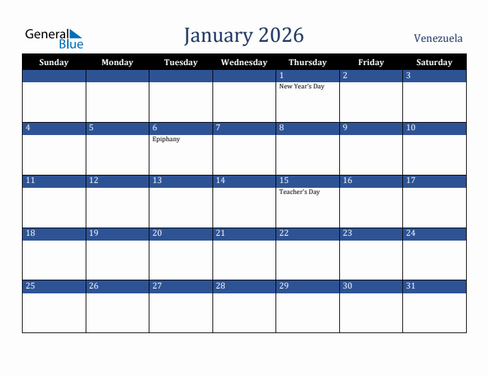 January 2026 Venezuela Calendar (Sunday Start)