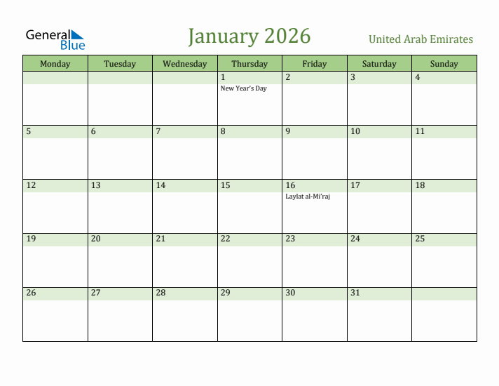 January 2026 Calendar with United Arab Emirates Holidays