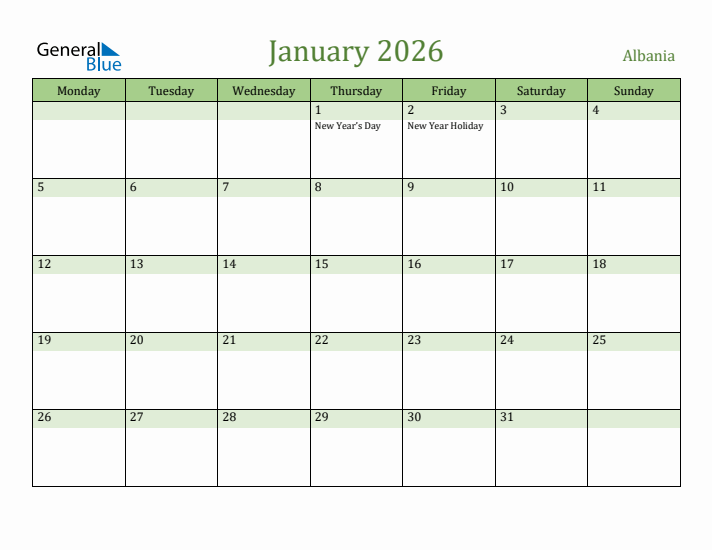 January 2026 Calendar with Albania Holidays