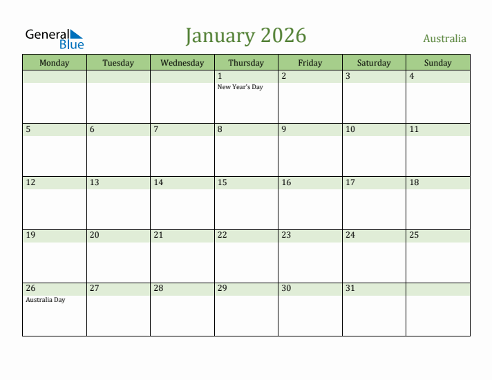 January 2026 Calendar with Australia Holidays
