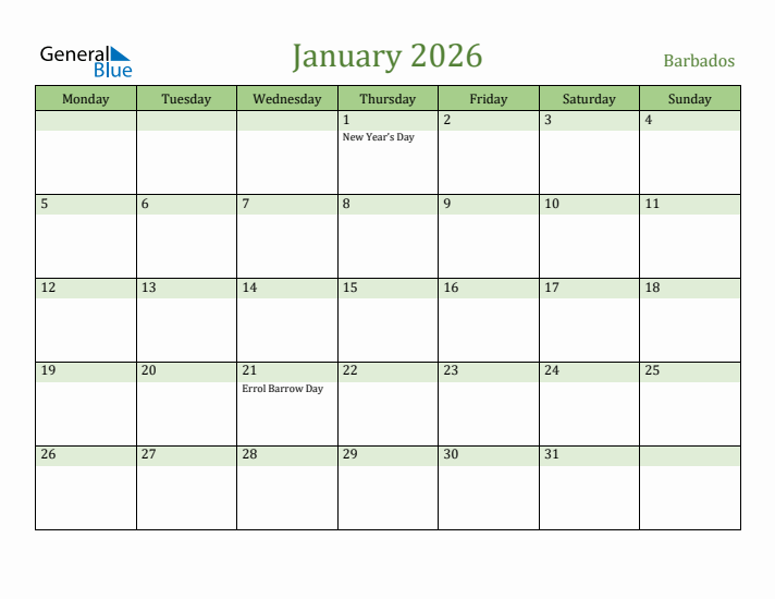 January 2026 Calendar with Barbados Holidays