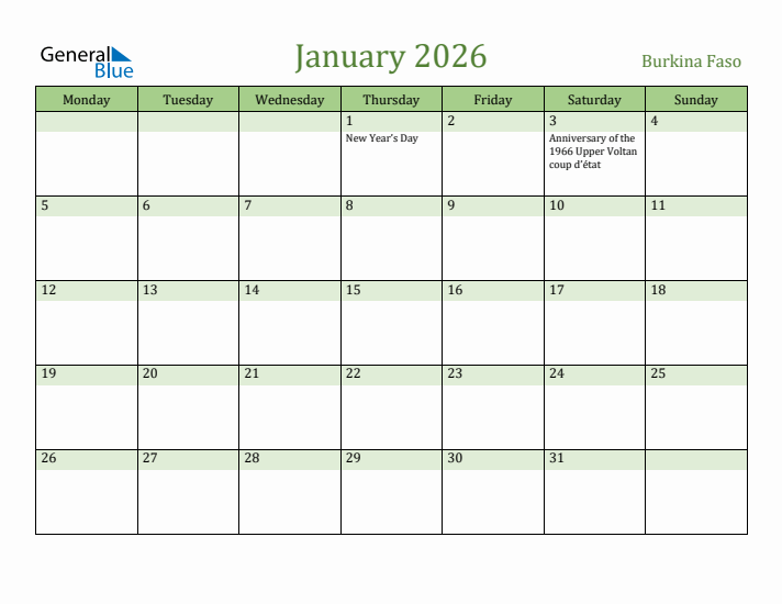 January 2026 Calendar with Burkina Faso Holidays